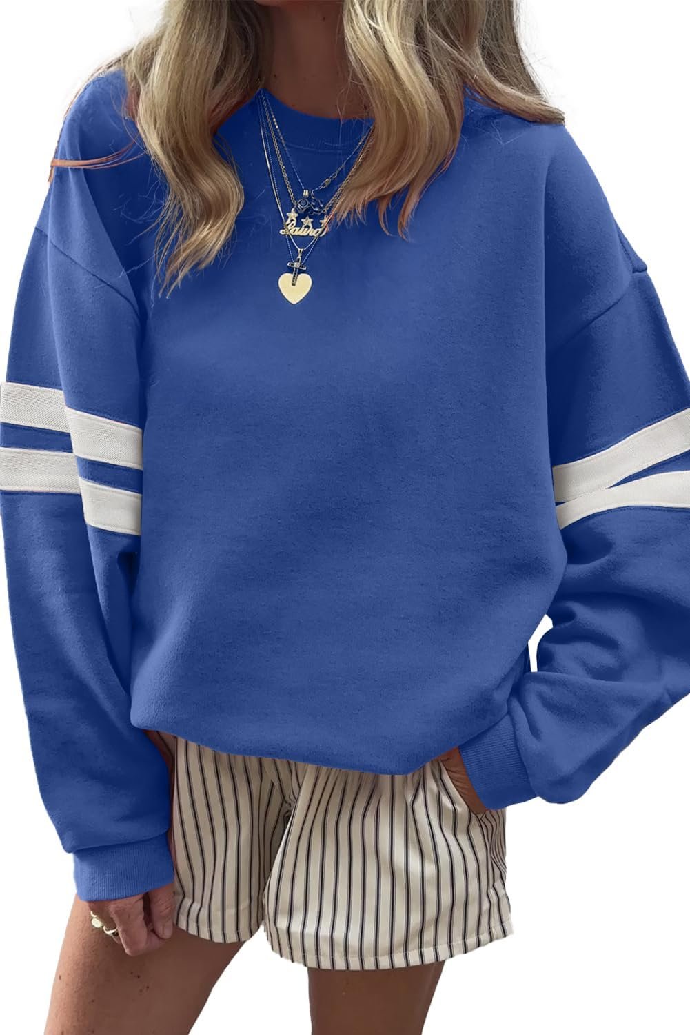 KevaMolly Womens Varsity Striped Oversized Sweatshirt Drop Shoulder Long Sleeve Casual Fashion Pullover Top