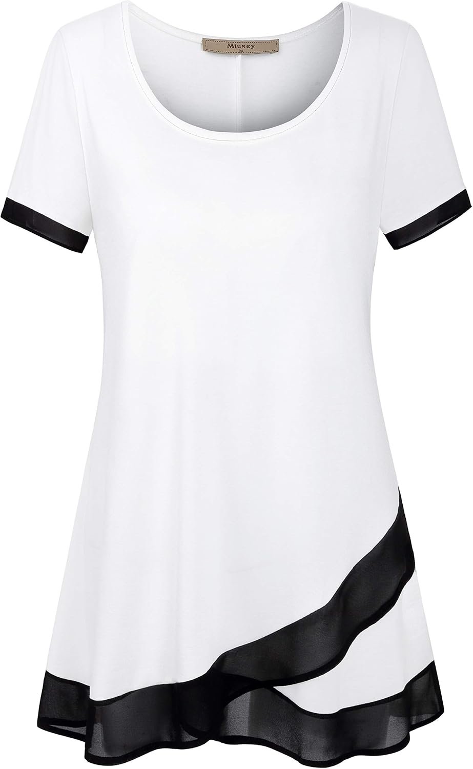 Miusey Womens Short Sleeve Tunic Tops Scoop Neck Asymmetrical Hem Tunics Chiffon Patchwork Flowy Tunic Shirts for Leggings