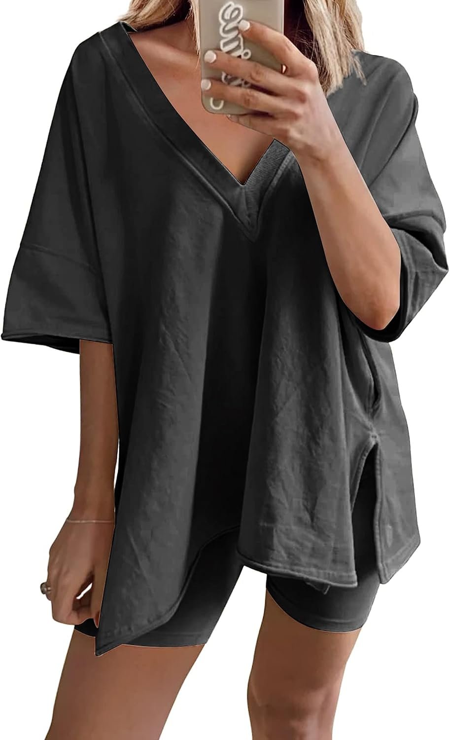 LTSCNRM 2 Piece Outfits for Women Reversible Oversized T Shirt Biker Shorts Sets Workout Tracksuit(Darkgrey-M)