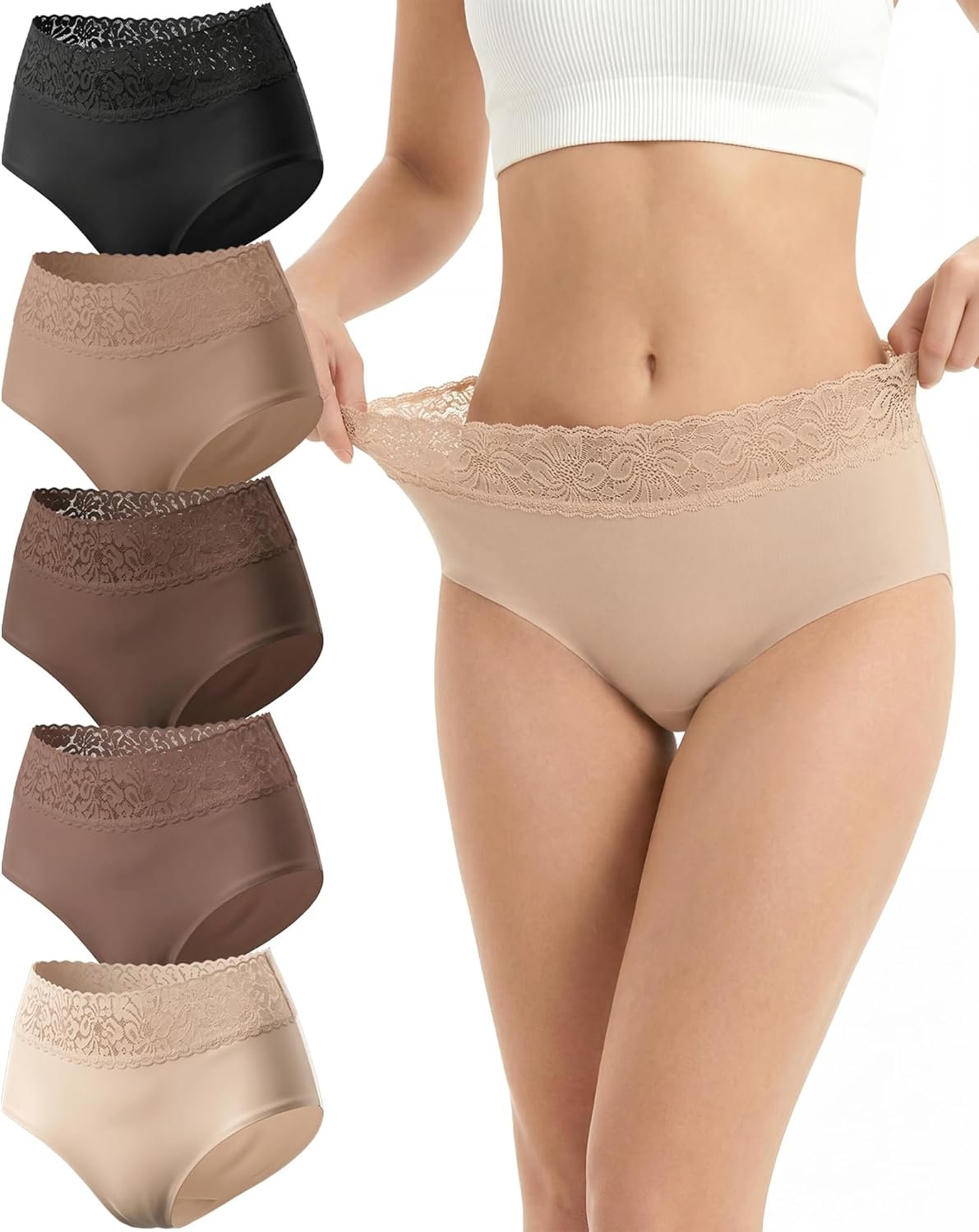 Cevapro Seamless Underwear for Women, Soft Breathable Lace Briefs, Invisible Laser Cut Panties for Women Daily Wear 5 Pack