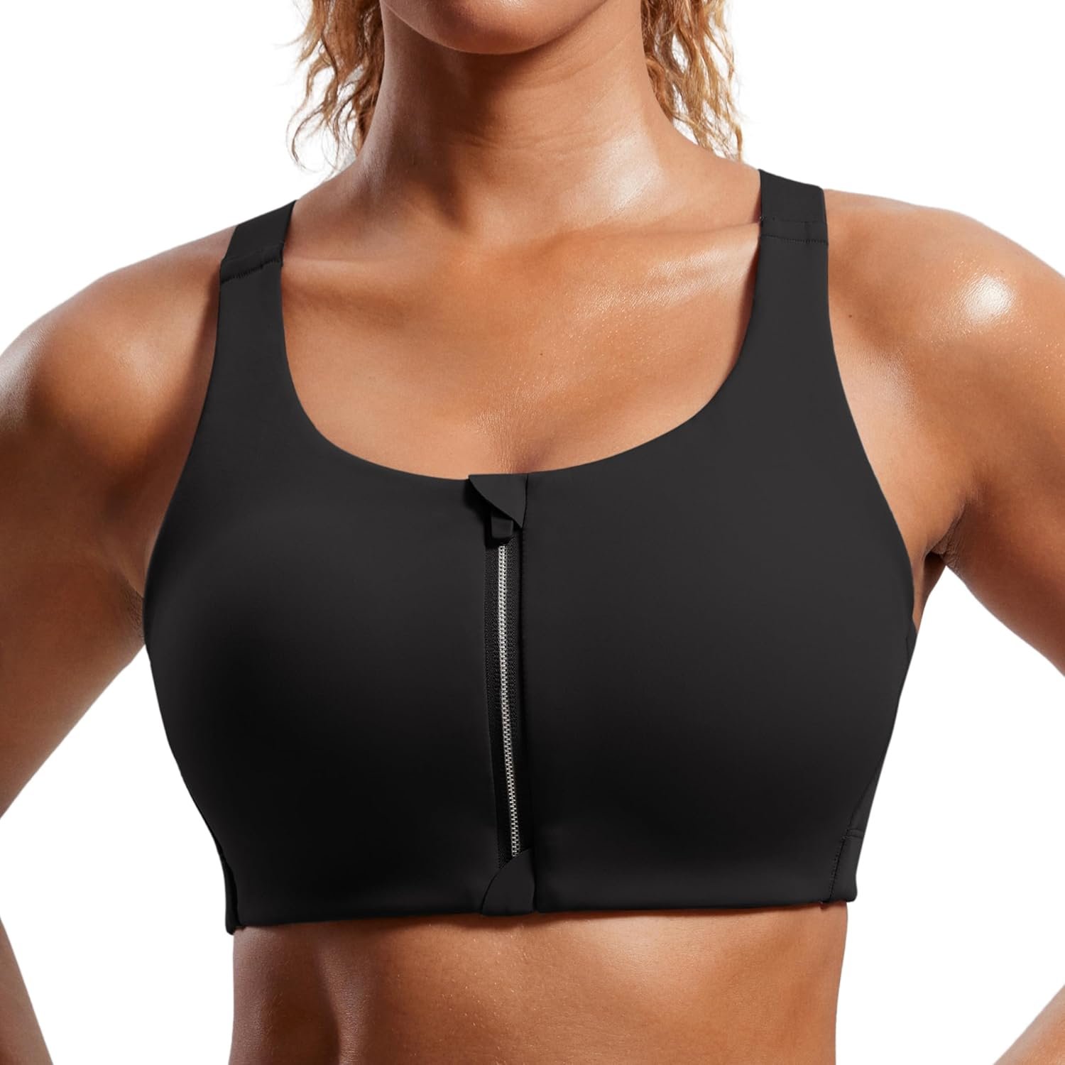 CRZ YOGA Womens Zip Front High Impact Sports Bra – Molded Cup Adjustable Convertible Straps Wireless Workout Yoga Crop Top