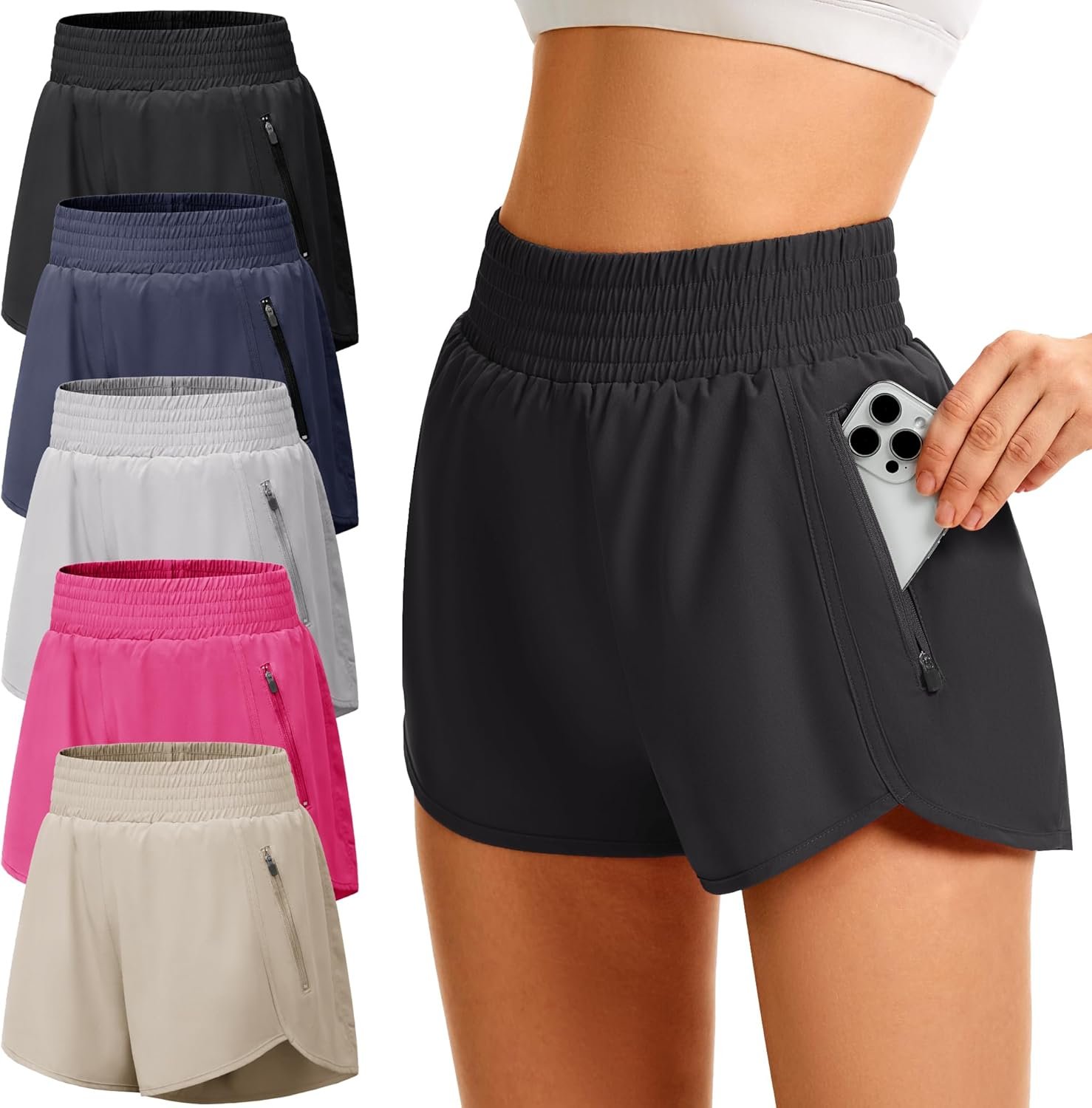 TVKSOM Women’s Athletic Workout Shorts High Waisted with Zipper Pockets Gym Elastic Running Shorts for Women Casual