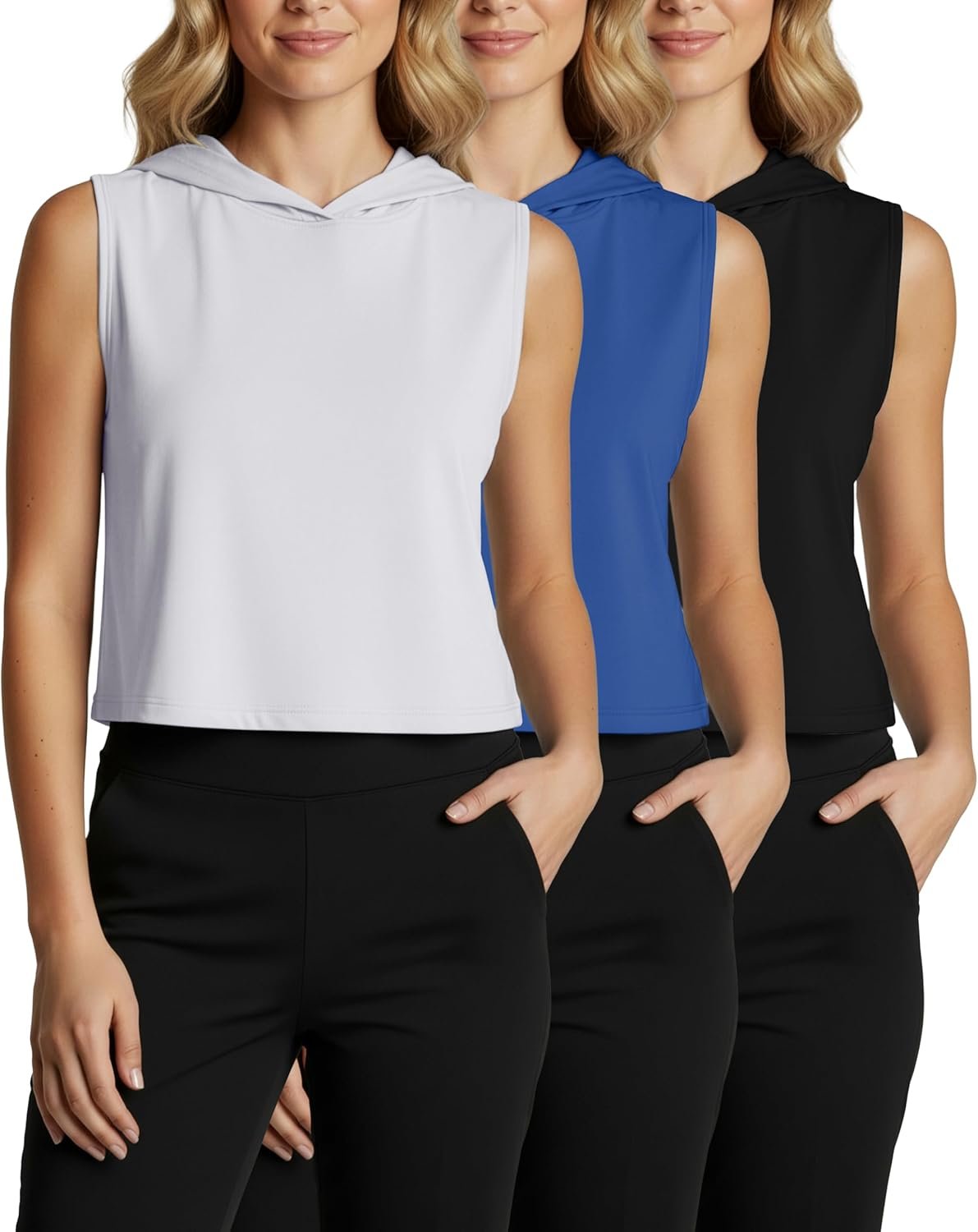 Real Essentials 3 Pack: Women’s Dry-Fit Sleeveless Cropped Tank Top Hoodie – Athletic Crop Sweatshirt