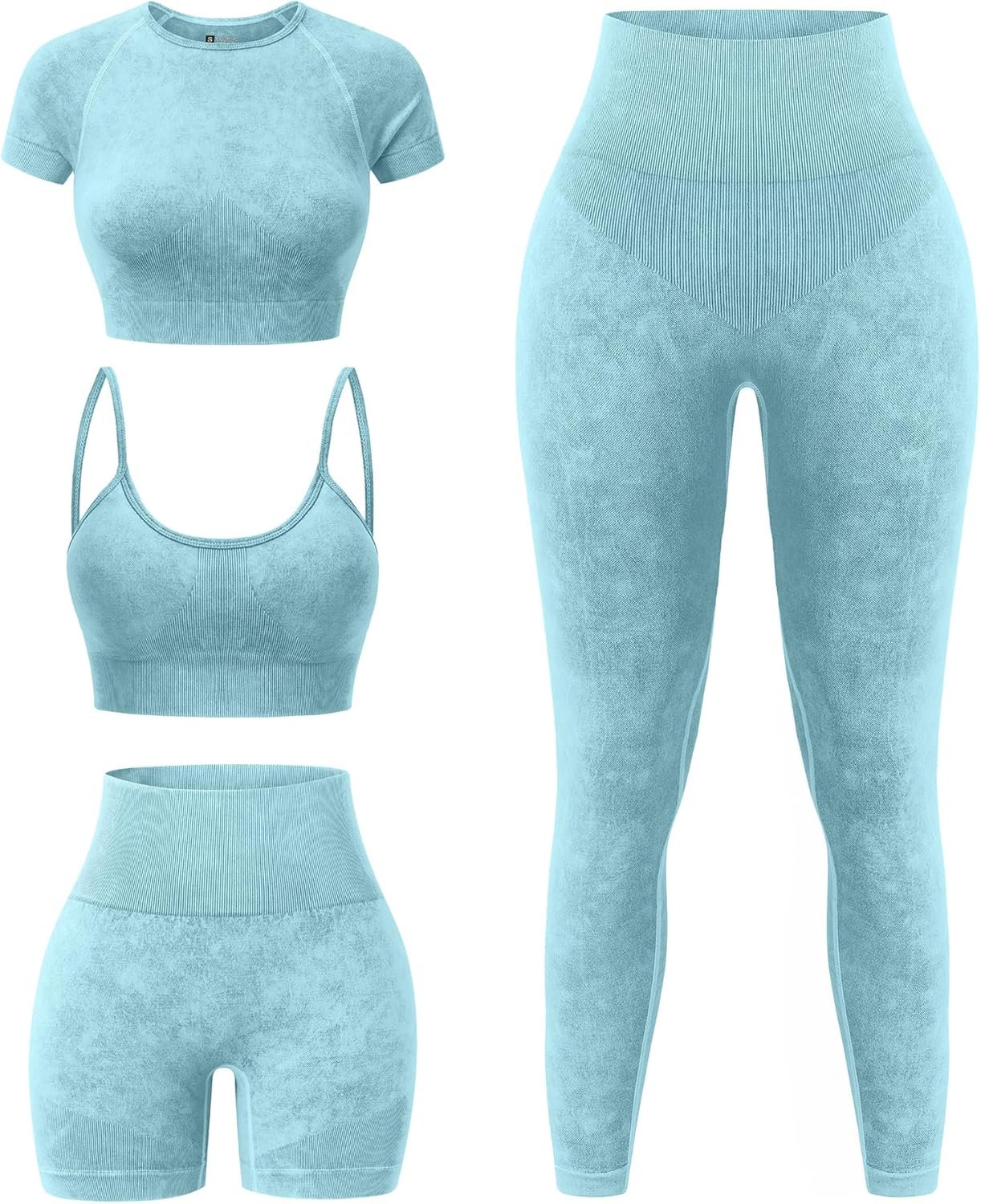 YOAKUKA Women’s 4 Piece Workout Sets Seamless Acid Wash Tops Sports Bra High Waist Shorts Leggings Active Set