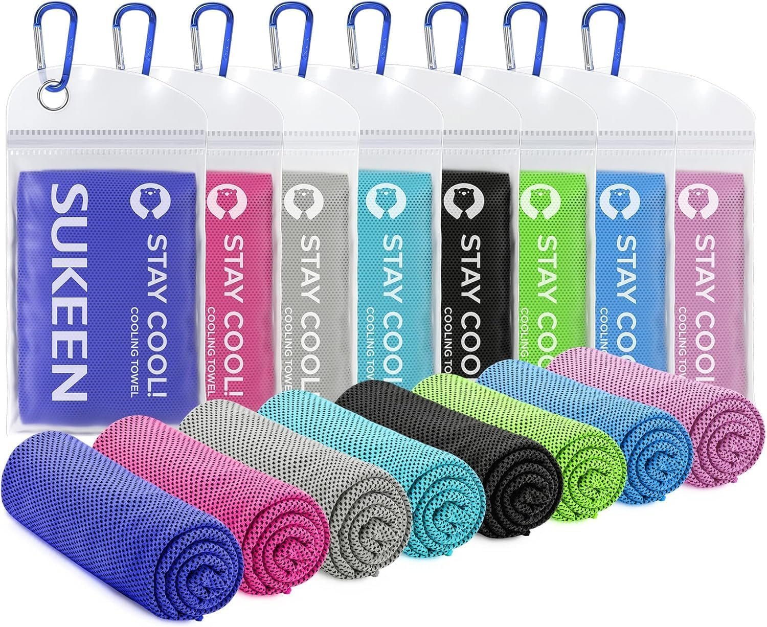 Sukeen 8 Pack Cooling Towels (40″x12″), Cooling Towels for Neck and Face, Microfiber Soft Breathable Chilly Ice Towel, Sweat Towel for Gym, Yoga, Sports, Golf, Camping, Running, Fitness, Workout