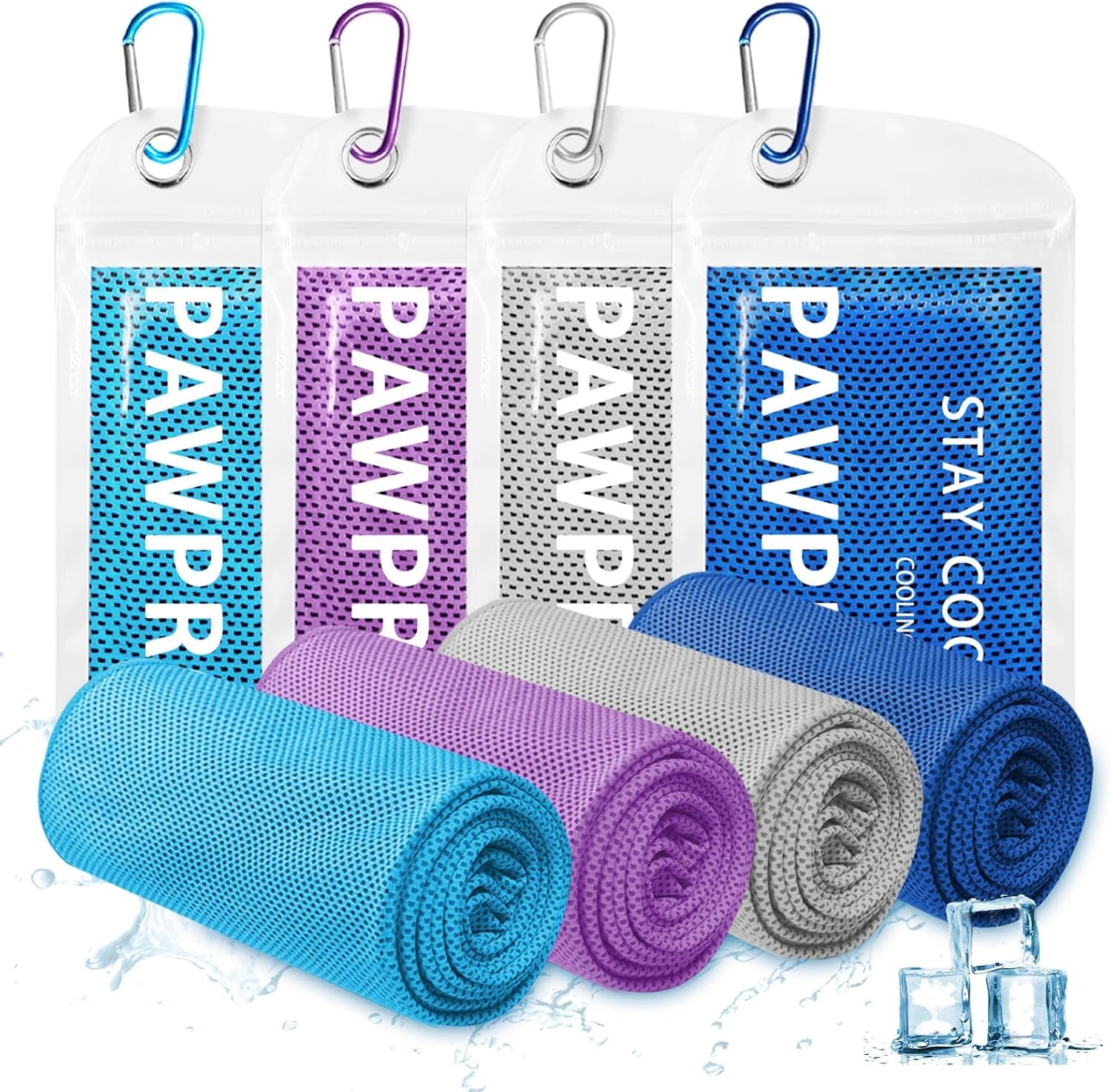 PAWPRO 4 Packs Cooling Towels for Neck and Face(40″x12″), Soft Breathable Cooling Towel with Waterproof Bag & Carabiner,Microfiber Cooling Towels for Yoga, Sport,Gym,Camping (Multicolor)