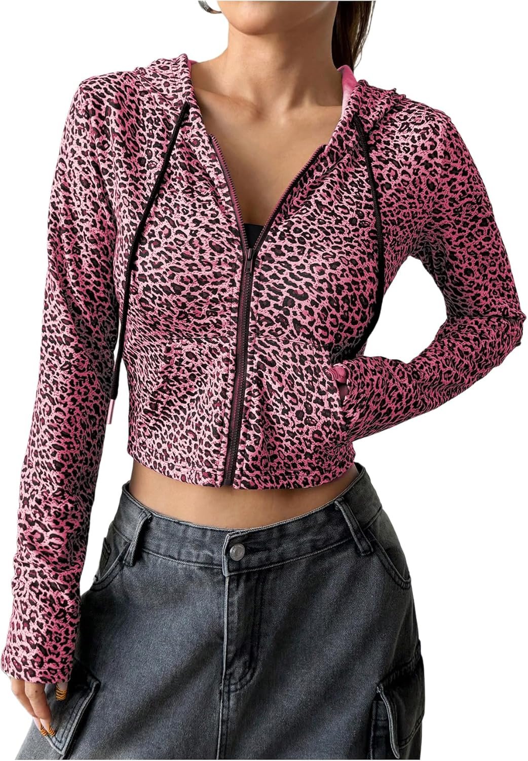 SOLY HUX Women’s Leopard Print Zip Up Cropped Hoodies Sweatshirt Drawstring Long Sleeve Casual Jacket