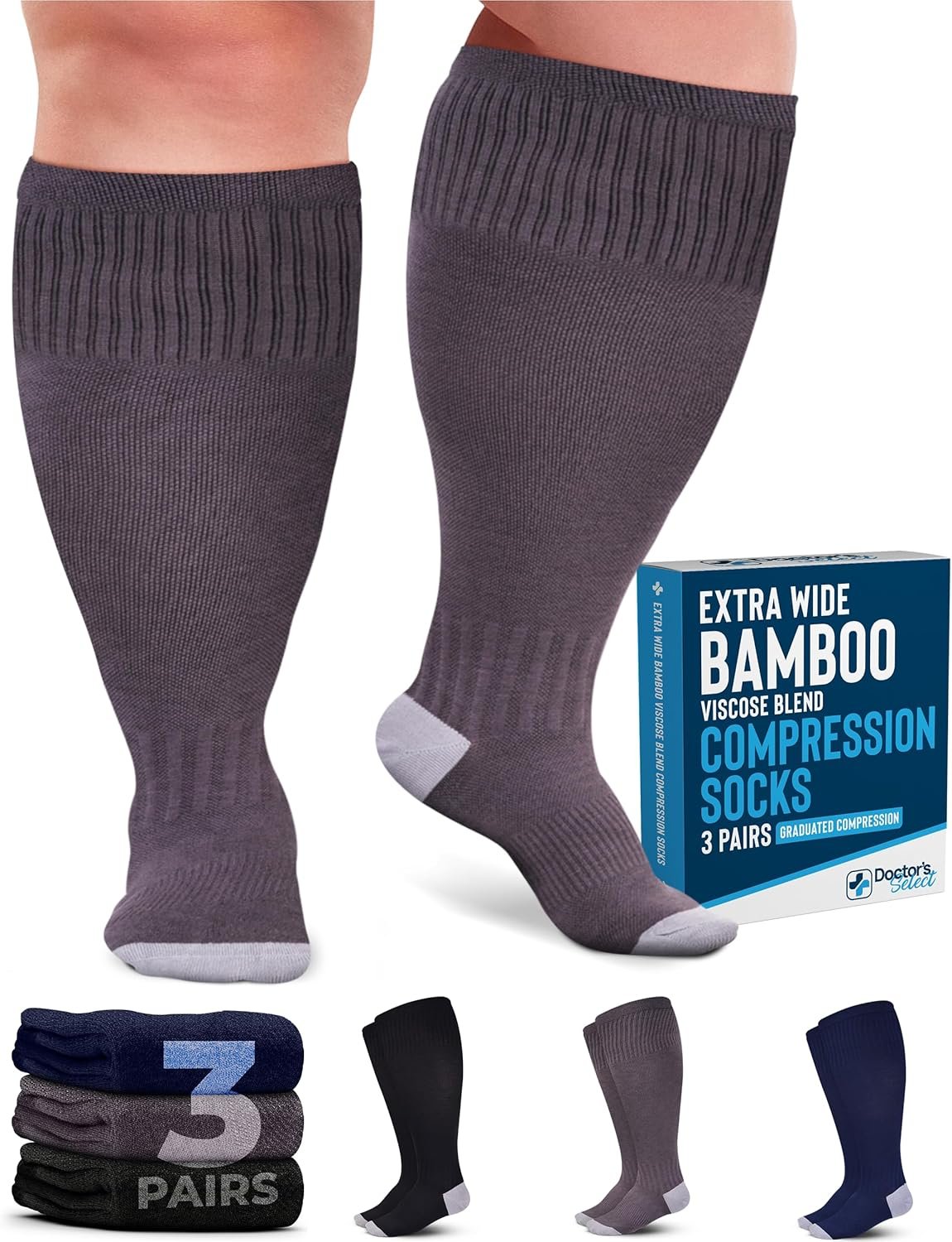Doctor’s Select 3 Pairs Plus Size Compression Socks Wide Calf – Bamboo Viscose Knee High Socks | Circulation Support
