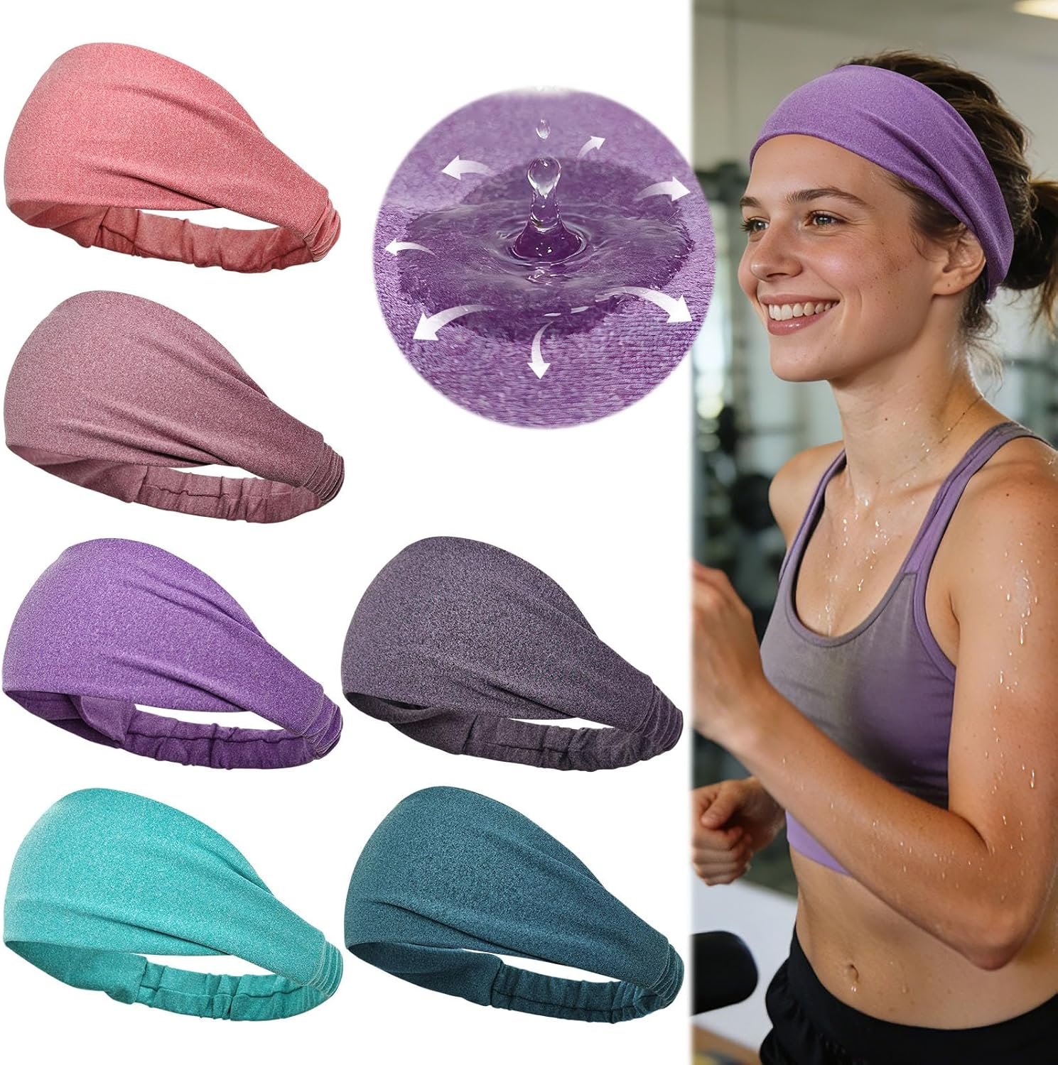 Dreamlover Sweat Headbands for Women, Non Slip Workout Headbands, Soft Stretchy Sports Headbands for Running, Yoga, Outdoor Work, 6 Pieces
