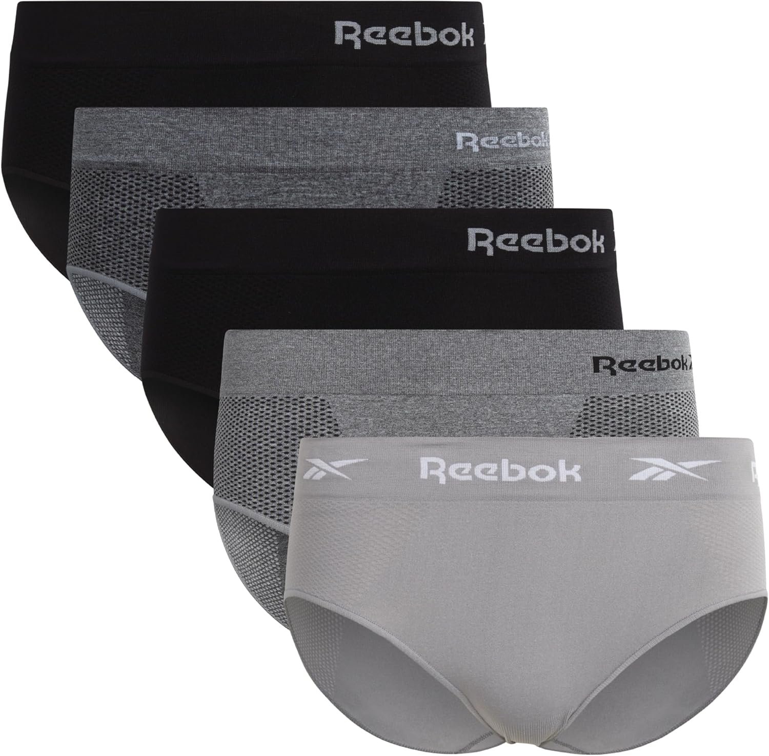 Reebok Hipster Panties for Women – 5 Pack Stretch Performance Seamless Underwear with Relaxed Tagless Waist (S-XL)