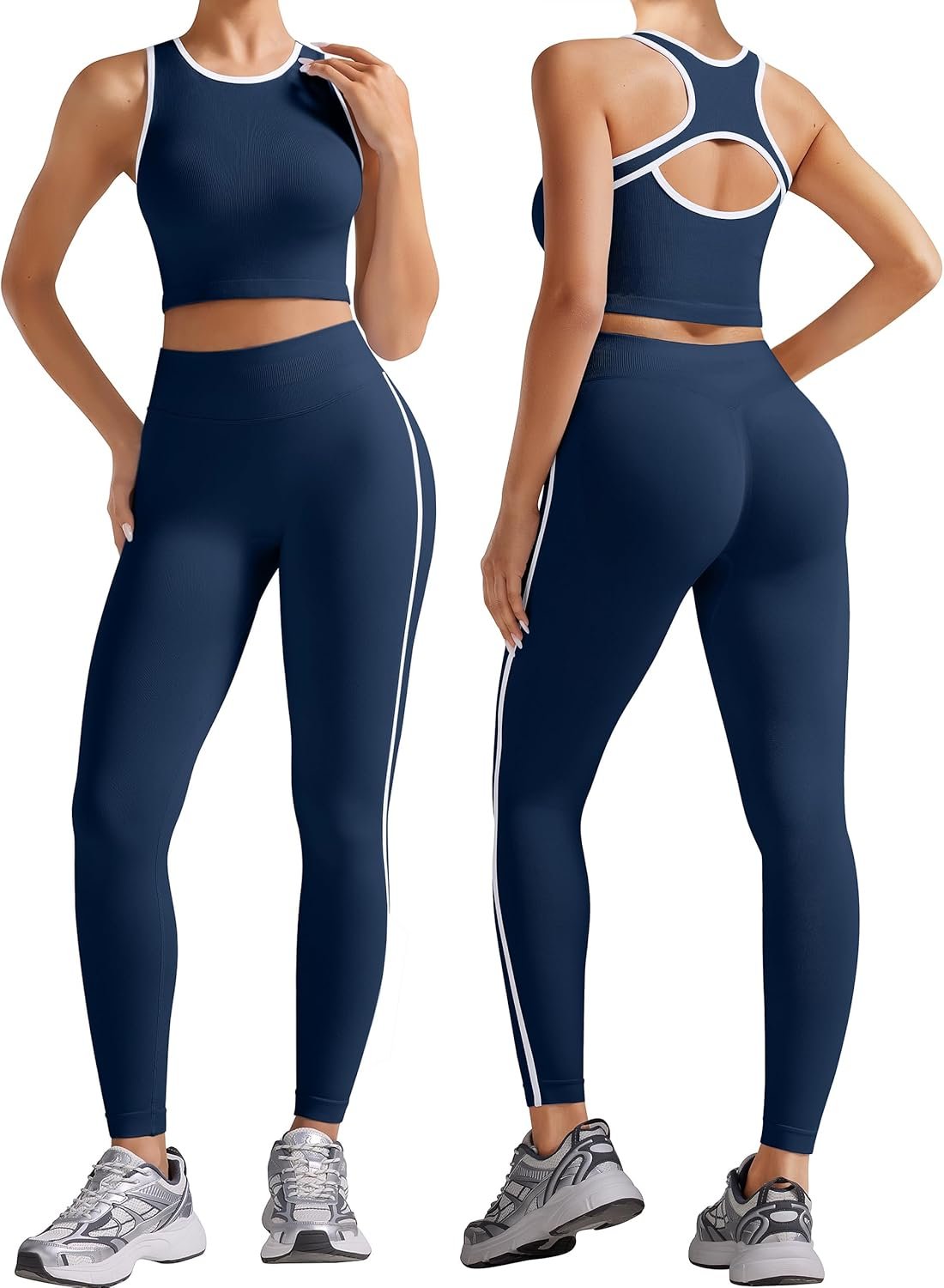 OLCHEE Womens Workout Sets 2 Piece Seamless Gym Yoga Outfits Butt Scrunch Leggings Crop Tank Top with Contrast Trim