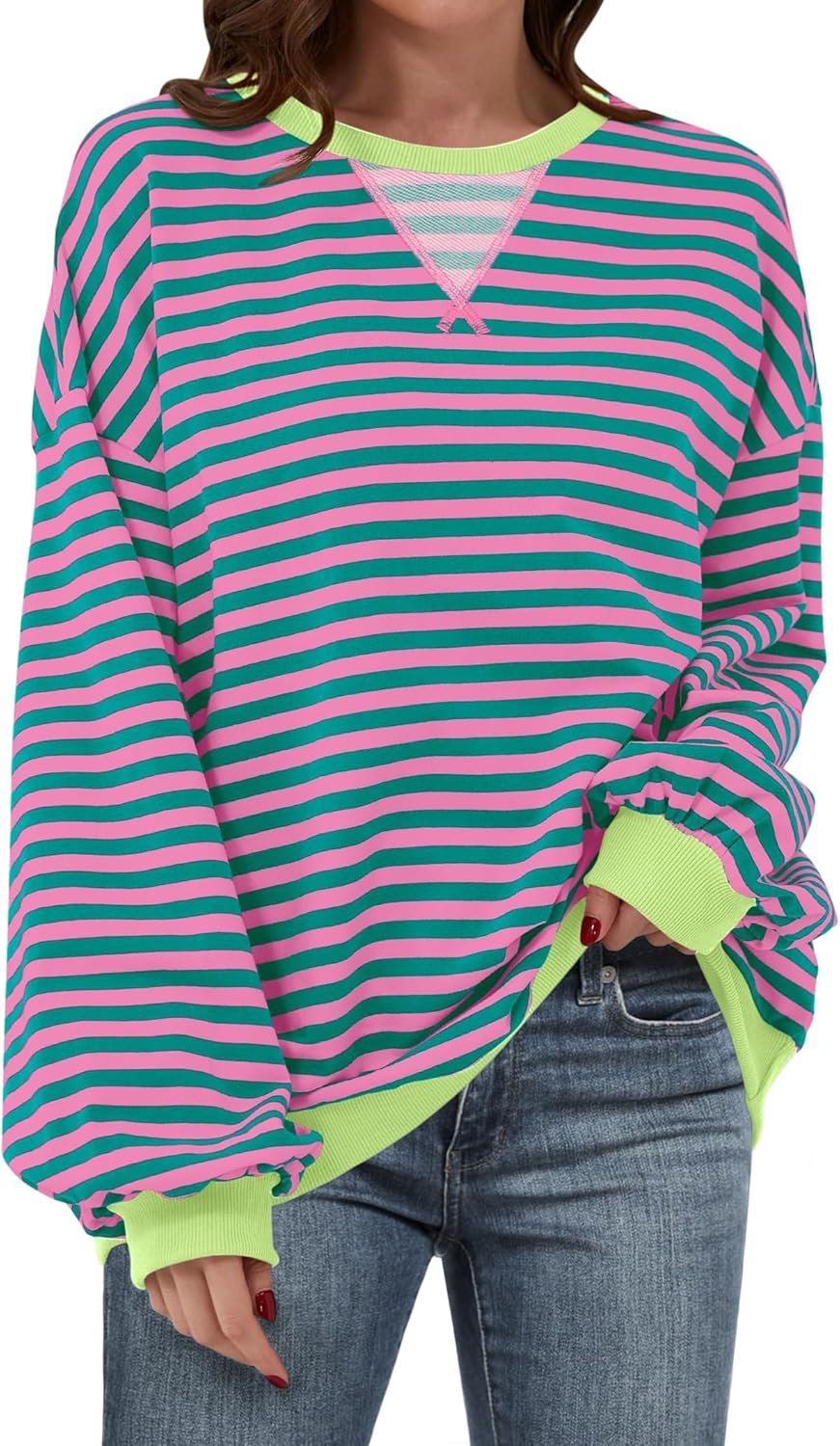 ANRABESS Women’s Striped Oversized Sweatshirts Crew Neck Long Sleeve Shirts Soft Color Block Pullover Top Fashion Clothing