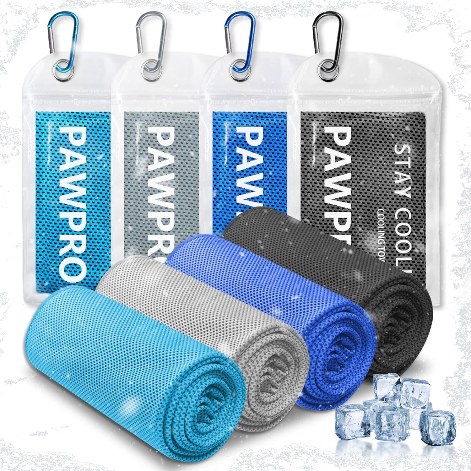 PAWPRO 4 Packs Cooling Towels for Neck and Face, Soft Breathable Gym Towels with Waterproof Bag & Carabiner, Multi-Colored Sweat Towels for Gym, Running, Yoga (Light Blue/Royal Blue/Black/Grey)