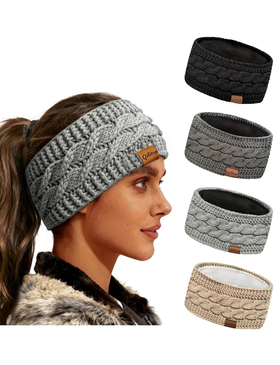 4-Pack Womens Winter Headbands Fuzzy Fleece Lined Cable Knit Ear Warmer Thick Warm Crochet Head Wrap Gifts Stocking Stuffers Criss-Cross Pattern Cold Weather Black Deep Light Grey Beige