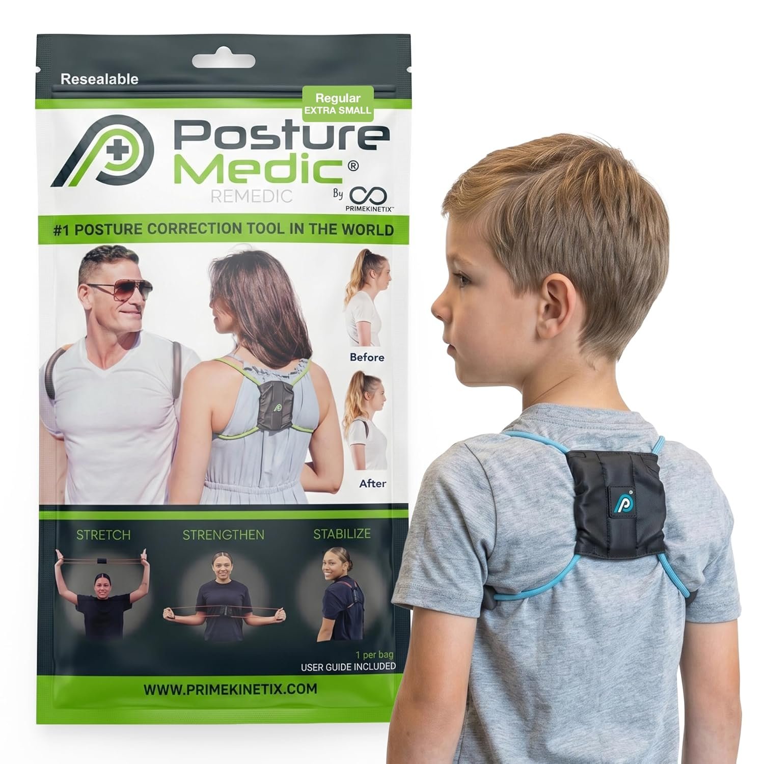 PostureMedic Original Strength Dynamic Posture Corrector for Men & Women – Active Resistance Training System for Back, Neck & Shoulder Pain Relief – Strengthen Muscles & Improve Alignment – Size XS (Light Blue)