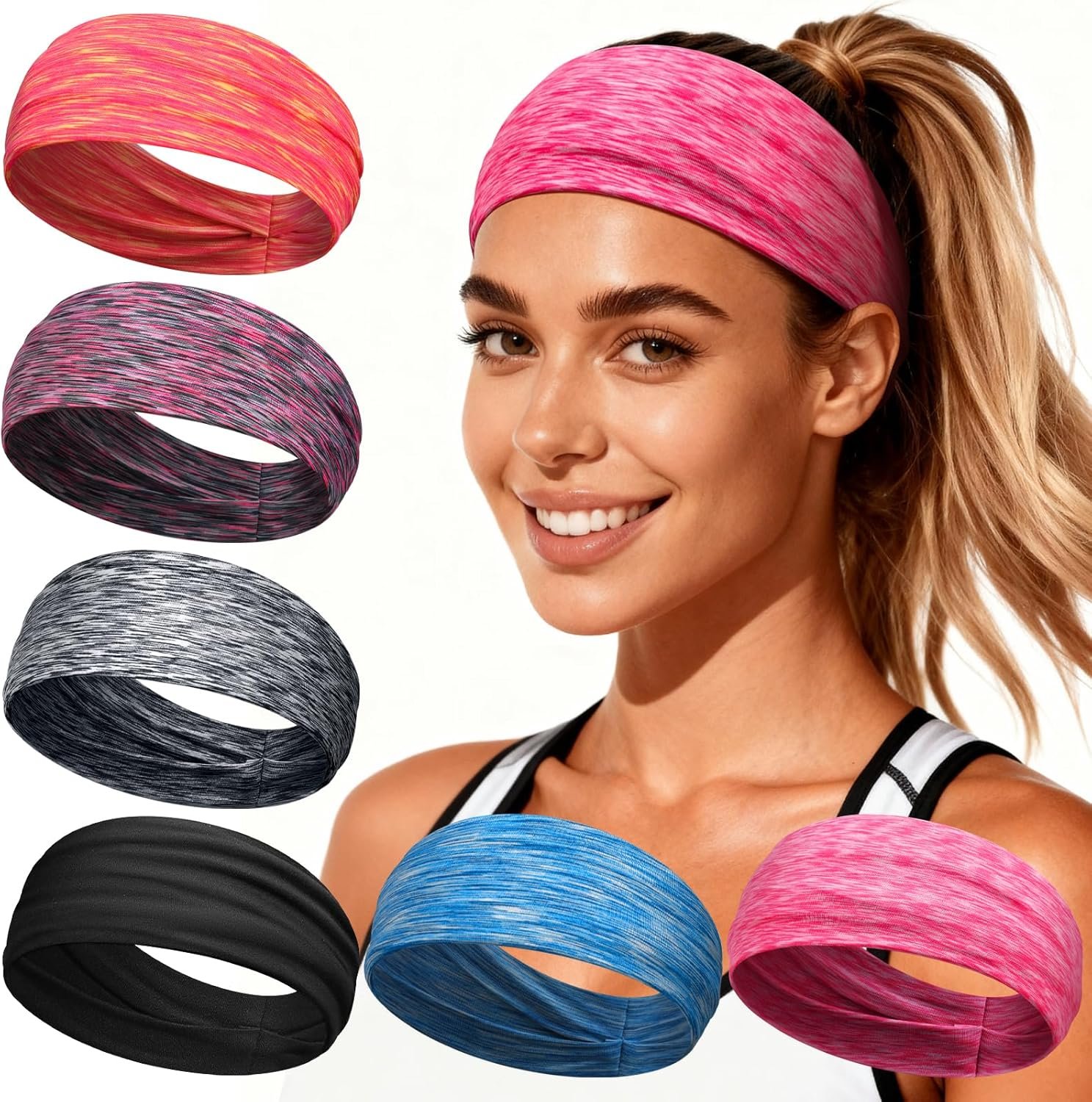 Workout Headbands for Women & Men, 6 Pack Non-Slip Wide Sweatbands – Thick Soft Elastic Hair Bands Accessories for Gym, Yoga, Running and Everyday Fashion
