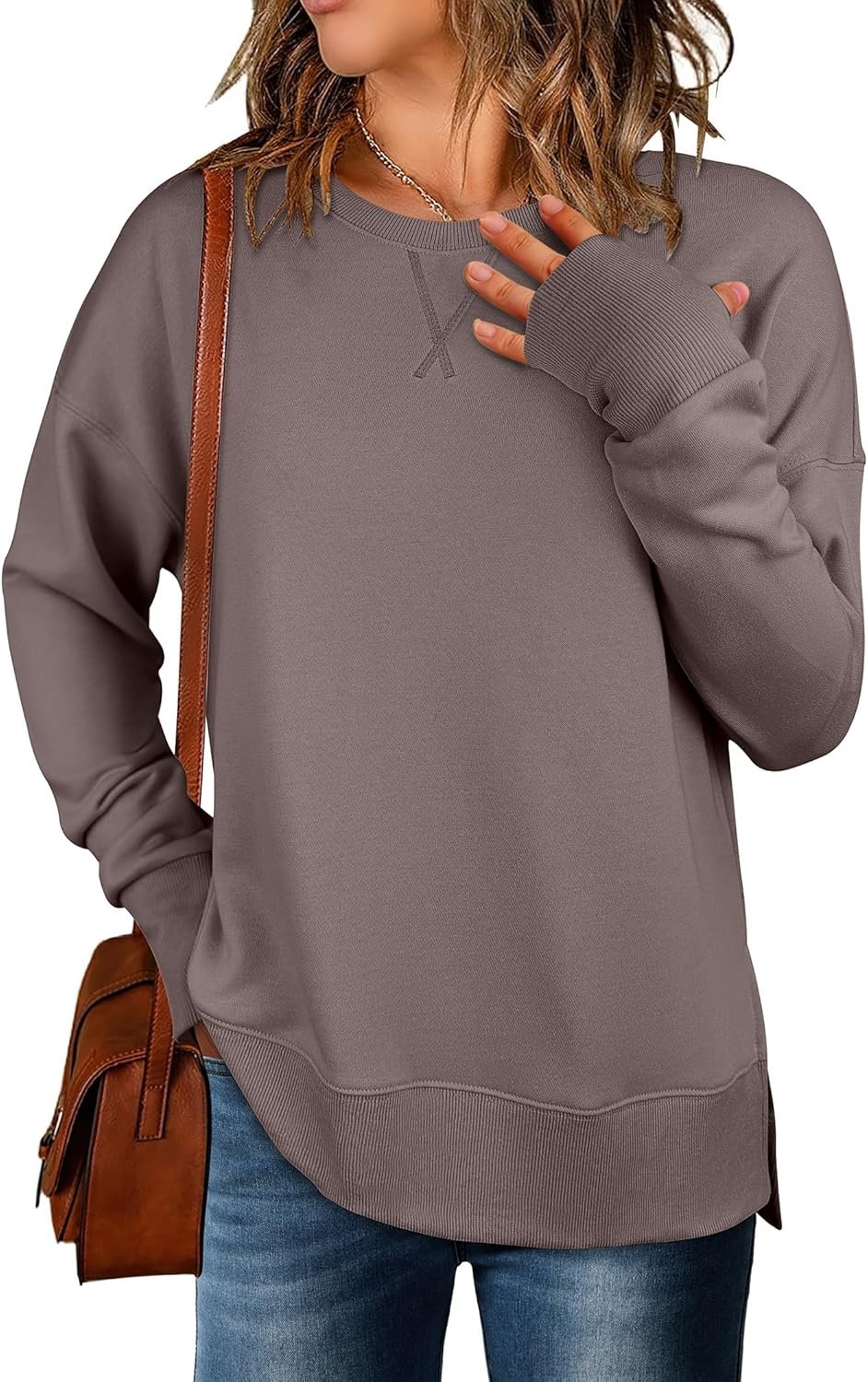 ANRABESS Sweatshirts for Women 2026 Fall Long Sleeve Shirts Oversized Crewneck Lightweight Side Split Casual Pullover Tops