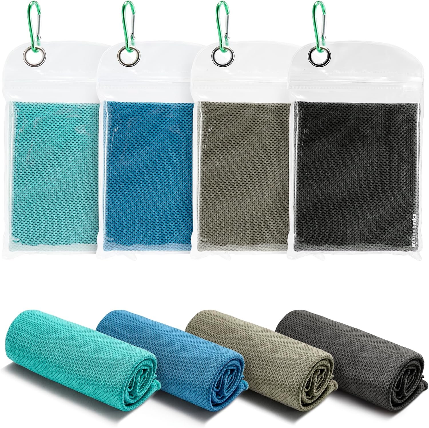 Amazon Basics Cooling Towels for Neck and Face, Sports, Workout Recovery, 40″ x 12″, Black/Gray/Aqua/Navy, 4-Pack